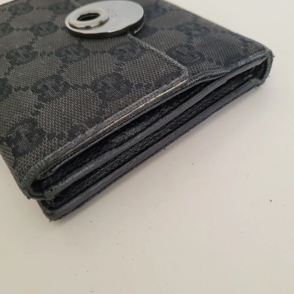 Gucci GG Monogram Canvas Bifold Wallet Black Silver Logo Hardware Made in Italy
